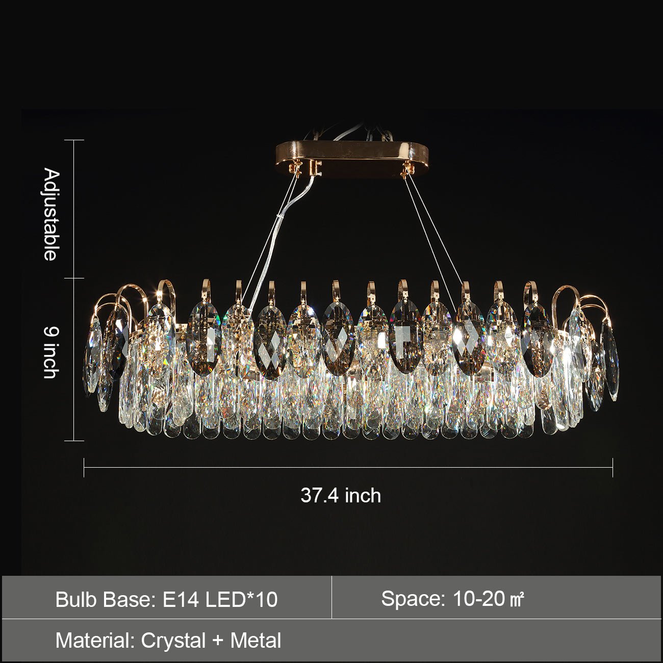 Luxurious K9 Crystal Chandelier Modern Ceiling Light Fixtures Set for Living Room/Dining Room - Rectangle: L37.4"*W9''*H9"/10 Lights/20.5 kgGoldWarm LightJoyfuzzy