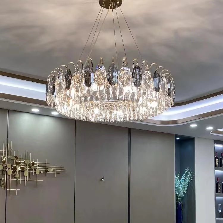 Luxurious K9 Crystal Chandelier Modern Ceiling Light Fixtures Set for Living Room/Dining Room - Round: D31.5"*H9"/10 Lights/20.5 kgGoldWarm LightJoyfuzzy