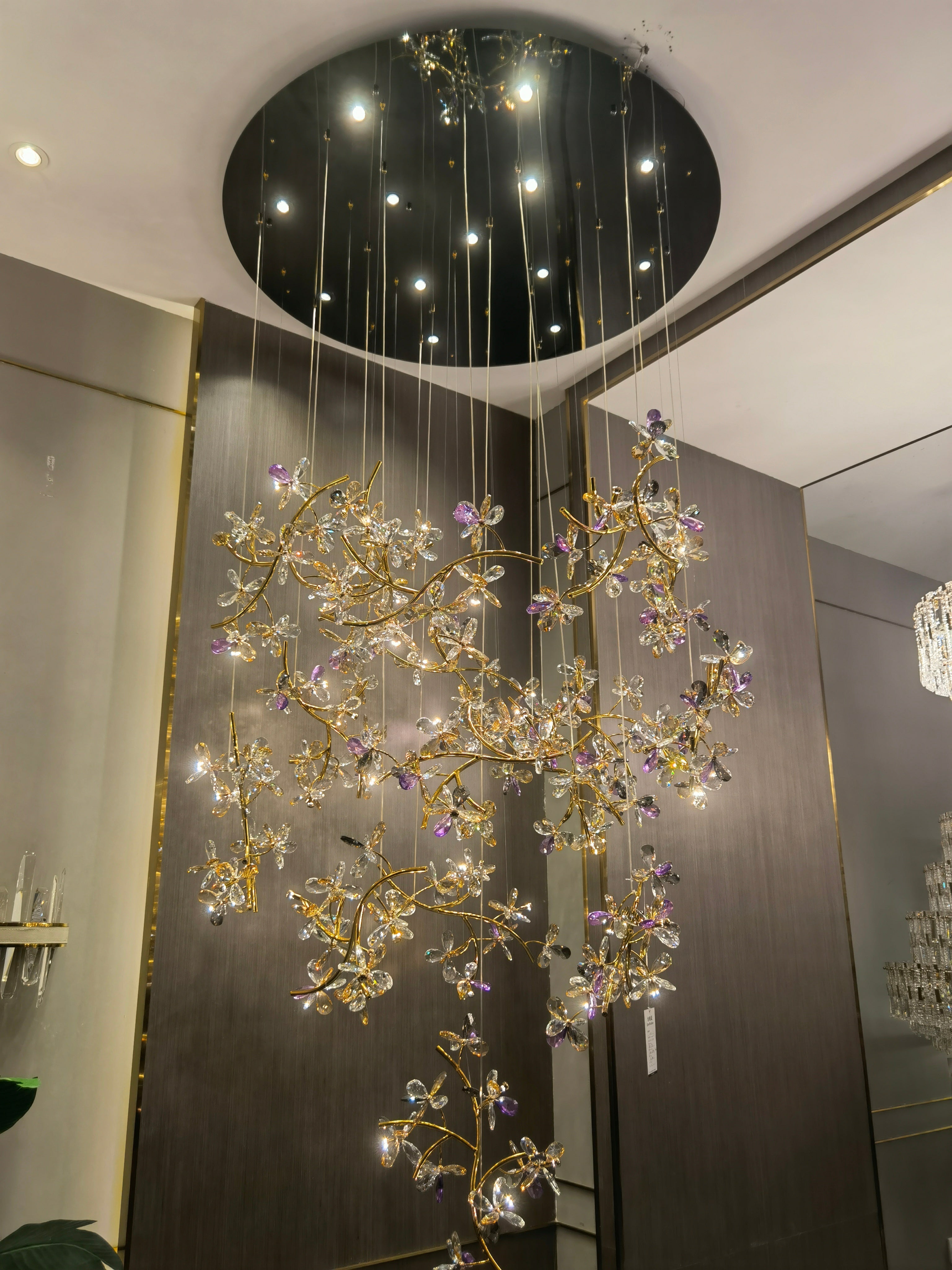 Luxury Branch Flower Crystal Chandelier for High Ceiling Staircase Foyer and Hallway Decor - D19.7"*H118"/18kgGoldWarm LightJoyfuzzy