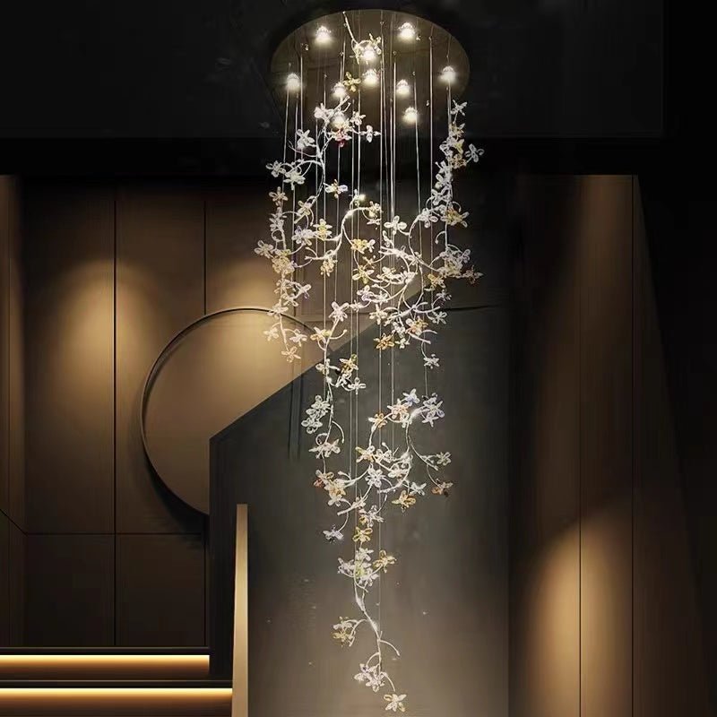 Luxury Branch Flower Crystal Chandelier for High Ceiling Staircase Foyer and Hallway Decor - D19.7"*H118"/18kgGoldWarm LightJoyfuzzy