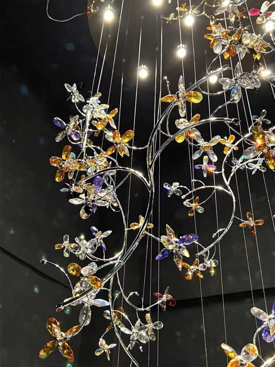 Luxury Branch Flower Crystal Chandelier for High Ceiling Staircase Foyer and Hallway Decor - D19.7"*H118"/18kgChromeWarm LightJoyfuzzy