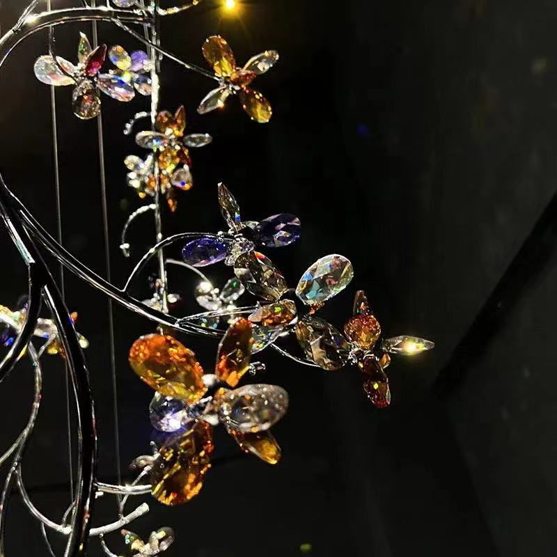 Luxury Branch Flower Crystal Chandelier for High Ceiling Staircase Foyer and Hallway Decor - D19.7"*H118"/18kgChromeWarm LightJoyfuzzy