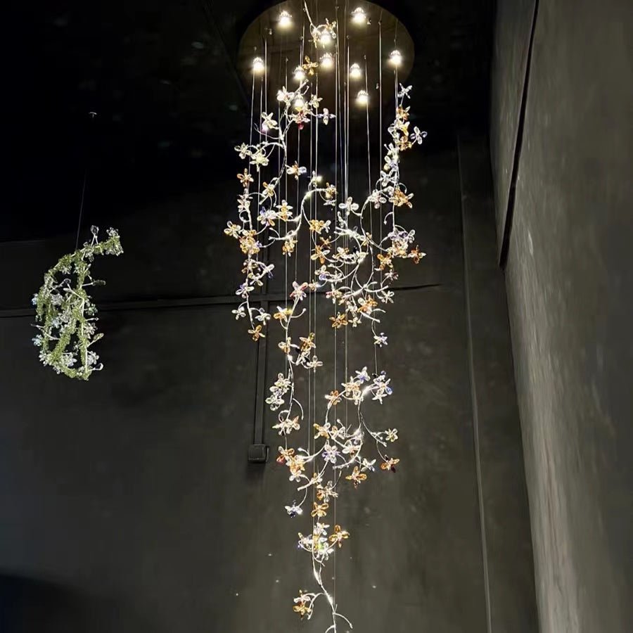 Luxury Branch Flower Crystal Chandelier for High Ceiling Staircase Foyer and Hallway Decor - D19.7"*H118"/18kgChromeWarm LightJoyfuzzy