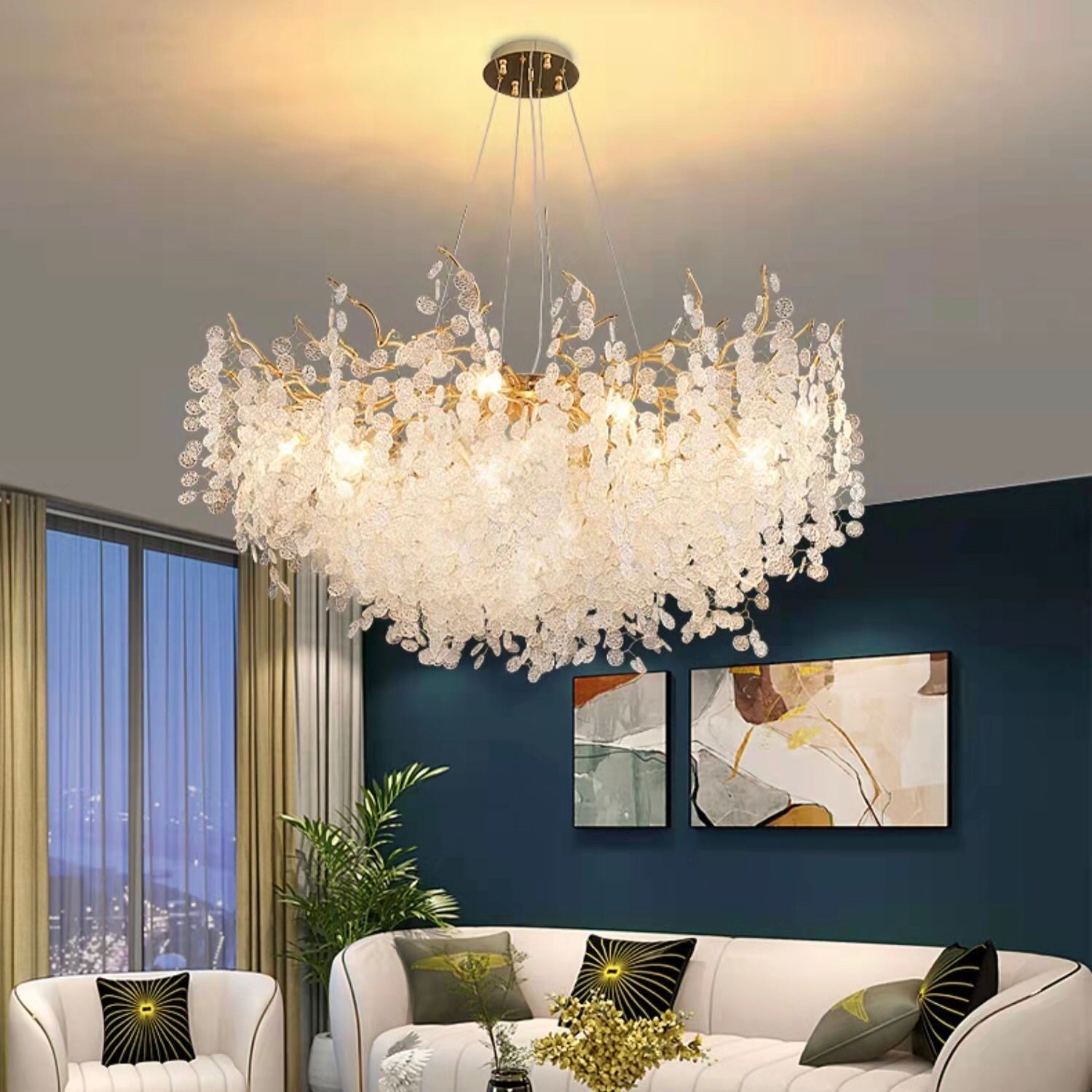 Luxury Branches Crystal Frosted Glass Chandelier Set for Living and Dining Room - Round: D31.5"*H17.7"Warm LightJoyfuzzy