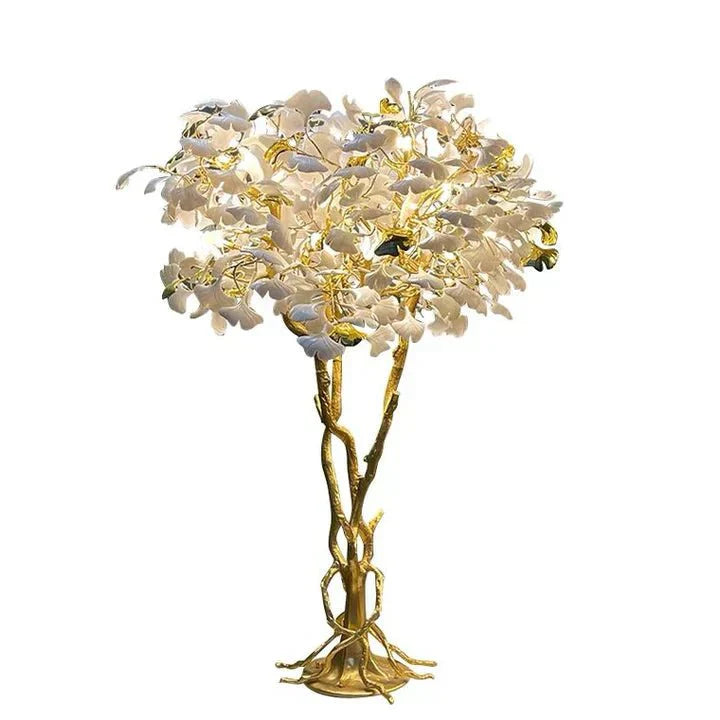 Luxury Creative White Ceramic Ginkgo Biloba Copper Branch Tree Floor Lamp for Living Room and Bedroom - D39.4"*H82.7"Warm LightJoyfuzzy