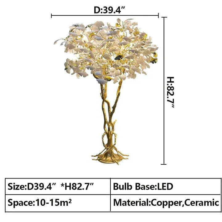 Luxury Creative White Ceramic Ginkgo Biloba Copper Branch Tree Floor Lamp for Living Room and Bedroom - D39.4"*H82.7"Warm LightJoyfuzzy