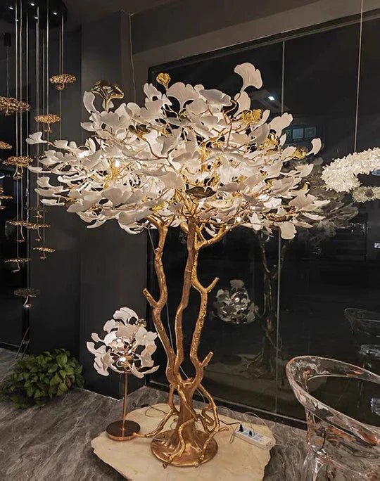 Luxury Creative White Ceramic Ginkgo Biloba Copper Branch Tree Floor Lamp for Living Room and Bedroom - D39.4"*H82.7"Warm LightJoyfuzzy