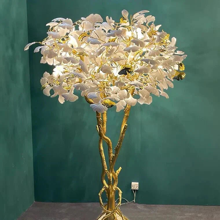 Luxury Creative White Ceramic Ginkgo Biloba Copper Branch Tree Floor Lamp for Living Room and Bedroom - D39.4"*H82.7"Warm LightJoyfuzzy