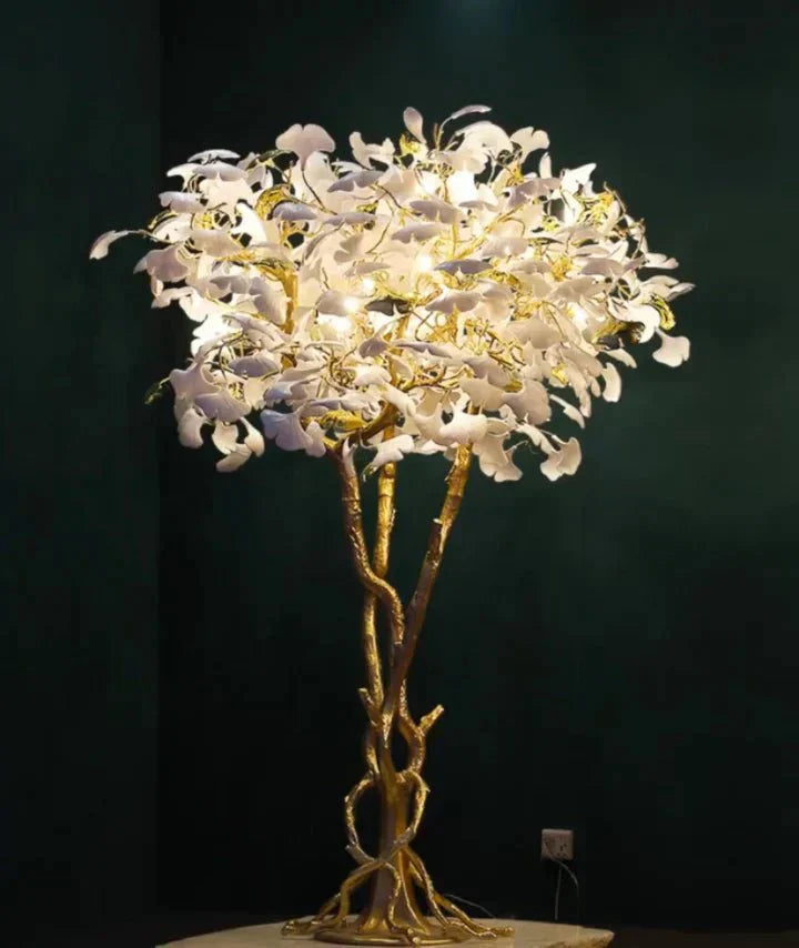 Luxury Creative White Ceramic Ginkgo Biloba Copper Branch Tree Floor Lamp for Living Room and Bedroom - D39.4"*H82.7"Warm LightJoyfuzzy