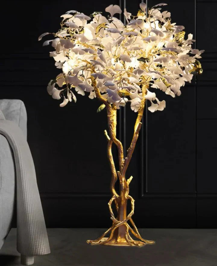 Luxury Creative White Ceramic Ginkgo Biloba Copper Branch Tree Floor Lamp for Living Room and Bedroom - D39.4"*H82.7"Warm LightJoyfuzzy