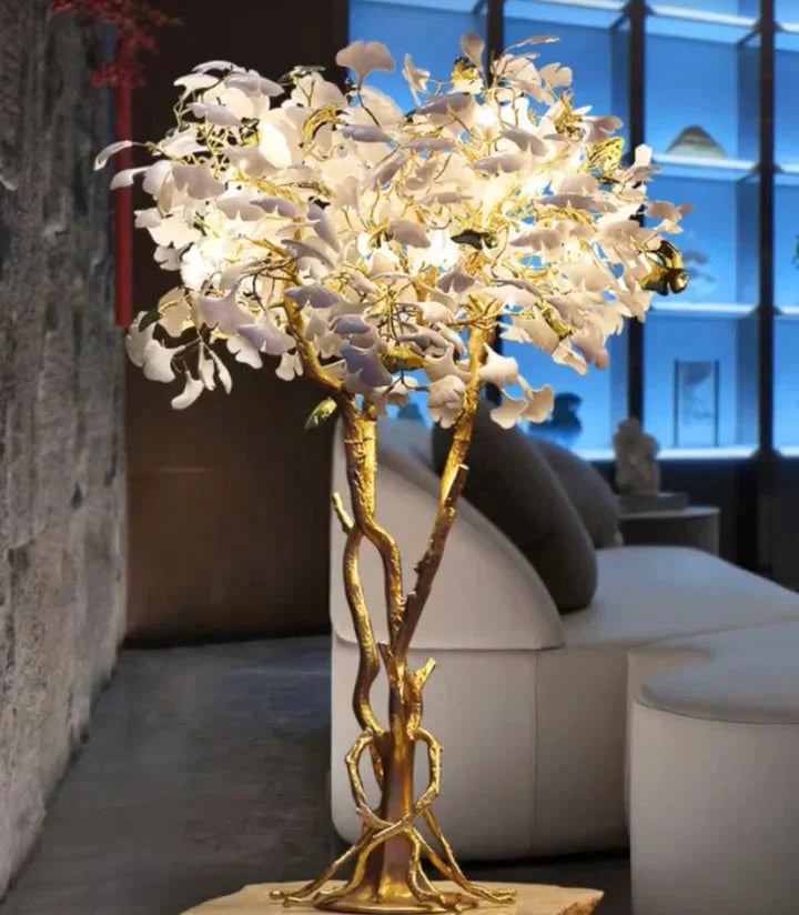 Luxury Creative White Ceramic Ginkgo Biloba Copper Branch Tree Floor Lamp for Living Room and Bedroom - D39.4"*H82.7"Warm LightJoyfuzzy