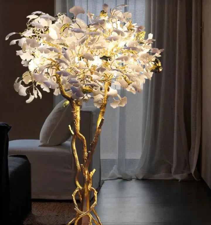 Luxury Creative White Ceramic Ginkgo Biloba Copper Branch Tree Floor Lamp for Living Room and Bedroom - D39.4"*H82.7"Warm LightJoyfuzzy