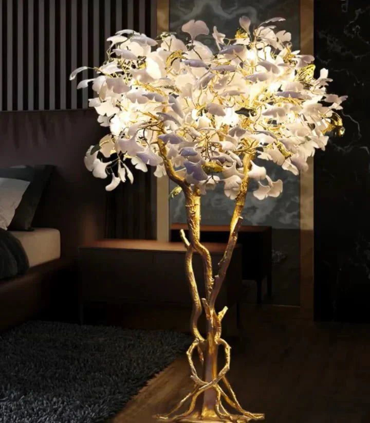 Luxury Creative White Ceramic Ginkgo Biloba Copper Branch Tree Floor Lamp for Living Room and Bedroom - D39.4"*H82.7"Warm LightJoyfuzzy