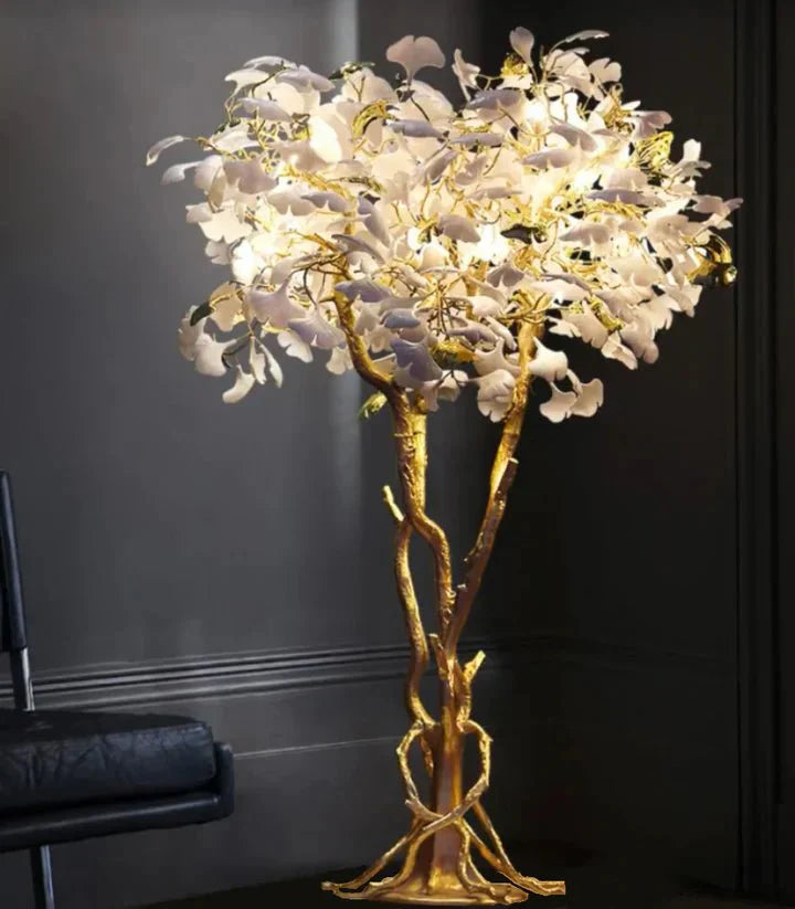 Luxury Creative White Ceramic Ginkgo Biloba Copper Branch Tree Floor Lamp for Living Room and Bedroom - D39.4"*H82.7"Warm LightJoyfuzzy