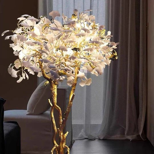 Luxury Creative White Ceramic Ginkgo Biloba Copper Branch Tree Floor Lamp for Living Room and Bedroom - D39.4"*H82.7"Warm LightJoyfuzzy