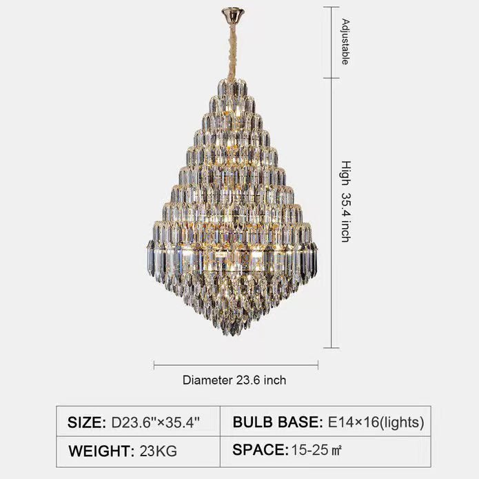 Luxury Multi - tiered Honeycomb Crystal Chandelier for High Ceiling - D23.6"*H35.4"/16 Lights/23 kgGoldWarm LightJoyfuzzy