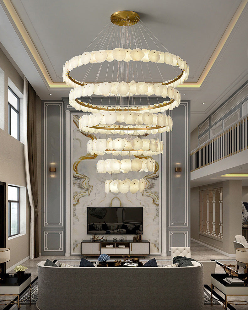 Merlin Tiered Circular Alabaster Chandelier-Chandelier-Joyfuzzy-Ø47"xH79"-Gold-Warm White-Joyfuzzy
