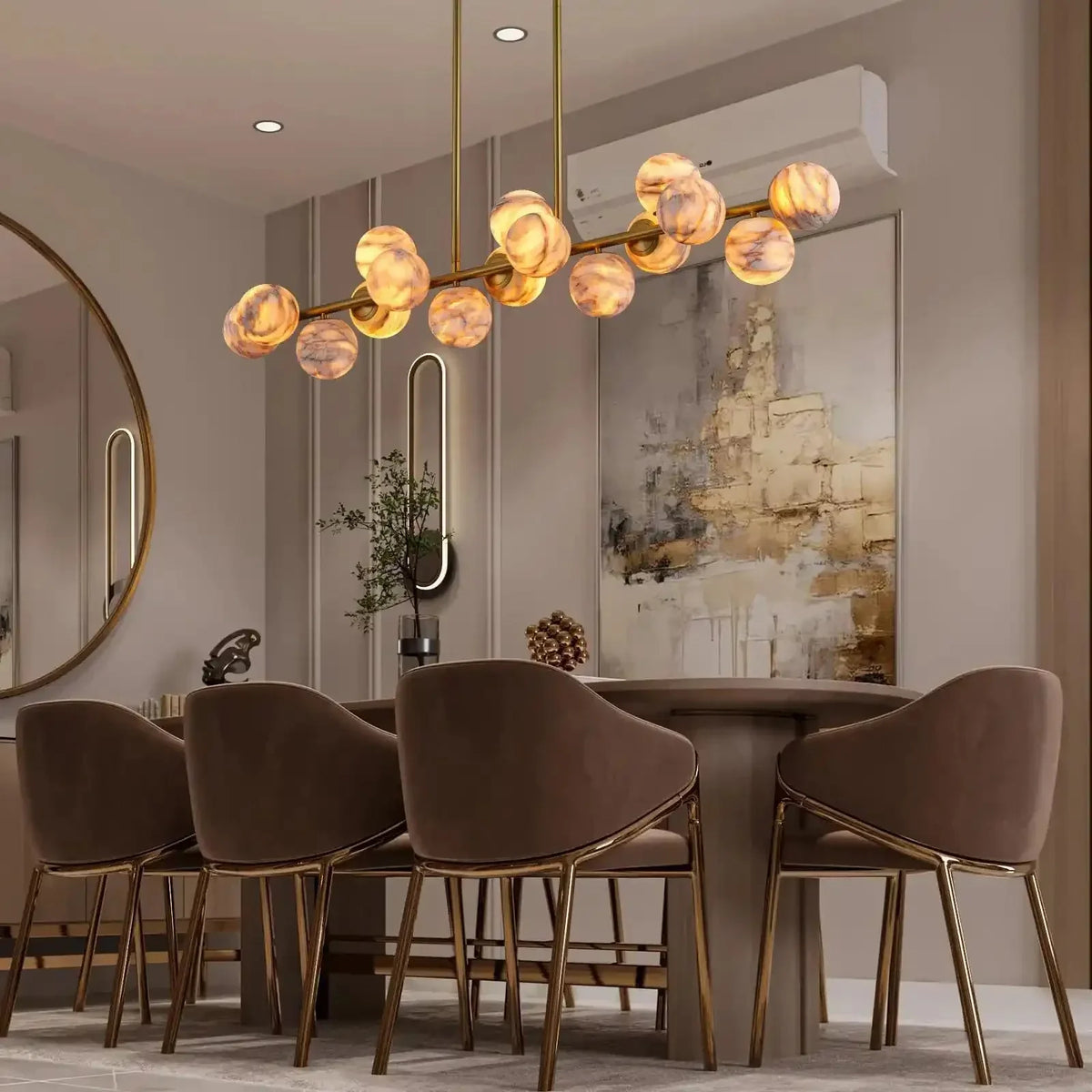 Mid Century Modern Sputnik 12 Light Gold Alabaster Globe Chandelier - Joyfuzzy