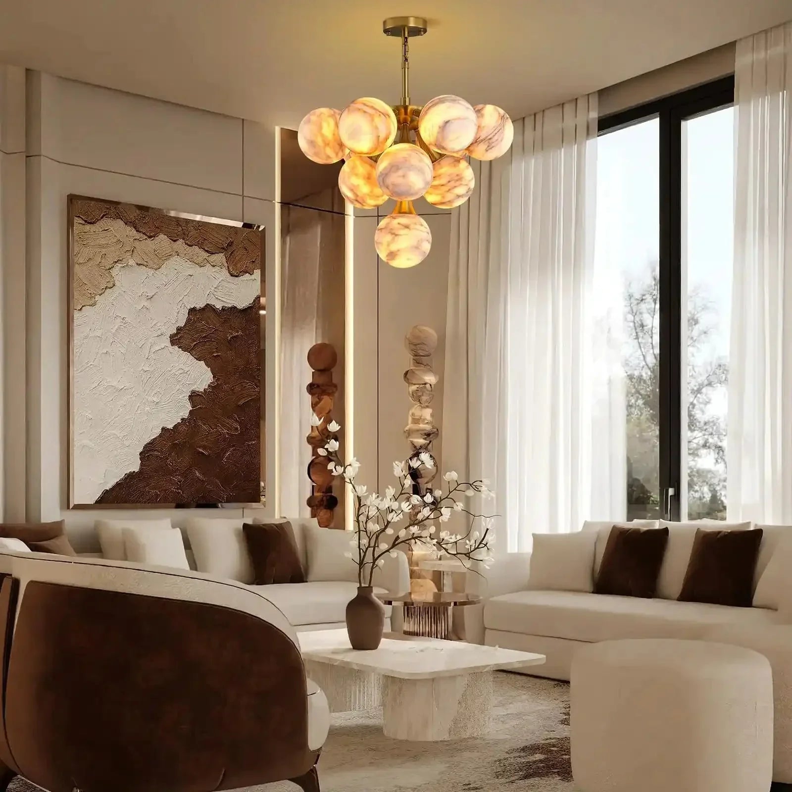 Mid Century Modern Sputnik 12 Light Gold Alabaster Globe Chandelier - Joyfuzzy
