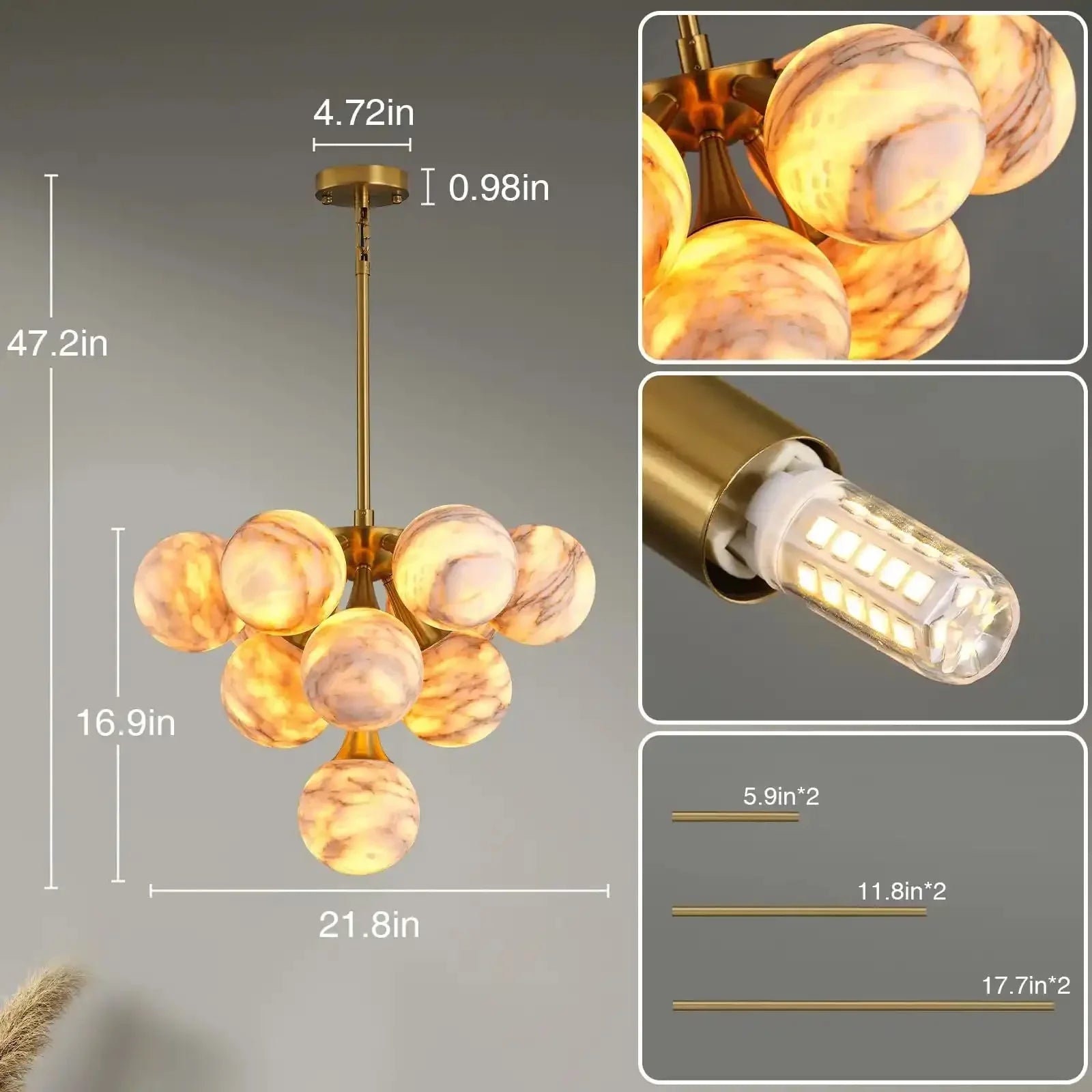 Mid Century Modern Sputnik 12 Light Gold Alabaster Globe Chandelier - Joyfuzzy