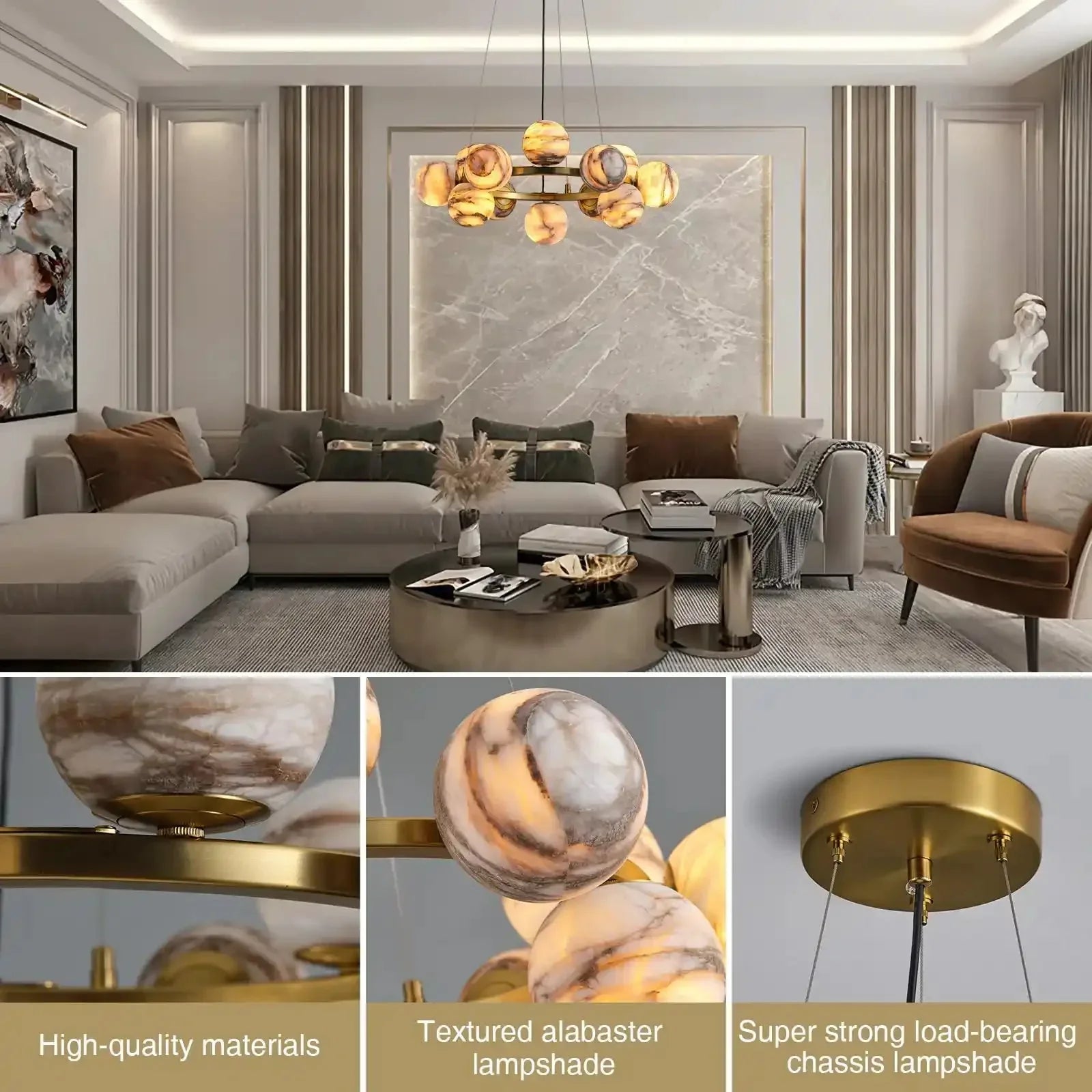 Mid Century Modern Sputnik 12 Light Gold Alabaster Globe Chandelier - Joyfuzzy