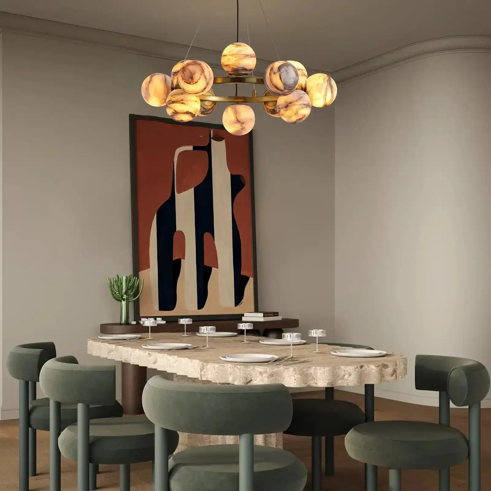 Mid Century Modern Sputnik 12 Light Gold Alabaster Globe Chandelier - Joyfuzzy