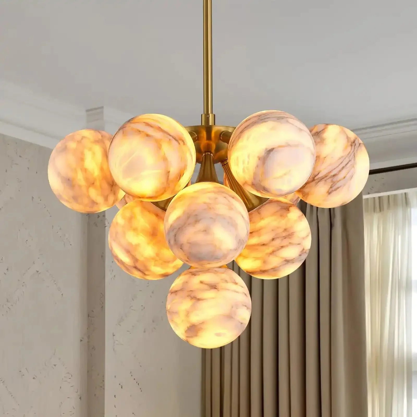 Mid Century Modern Sputnik 12 Light Gold Alabaster Globe Chandelier - Joyfuzzy
