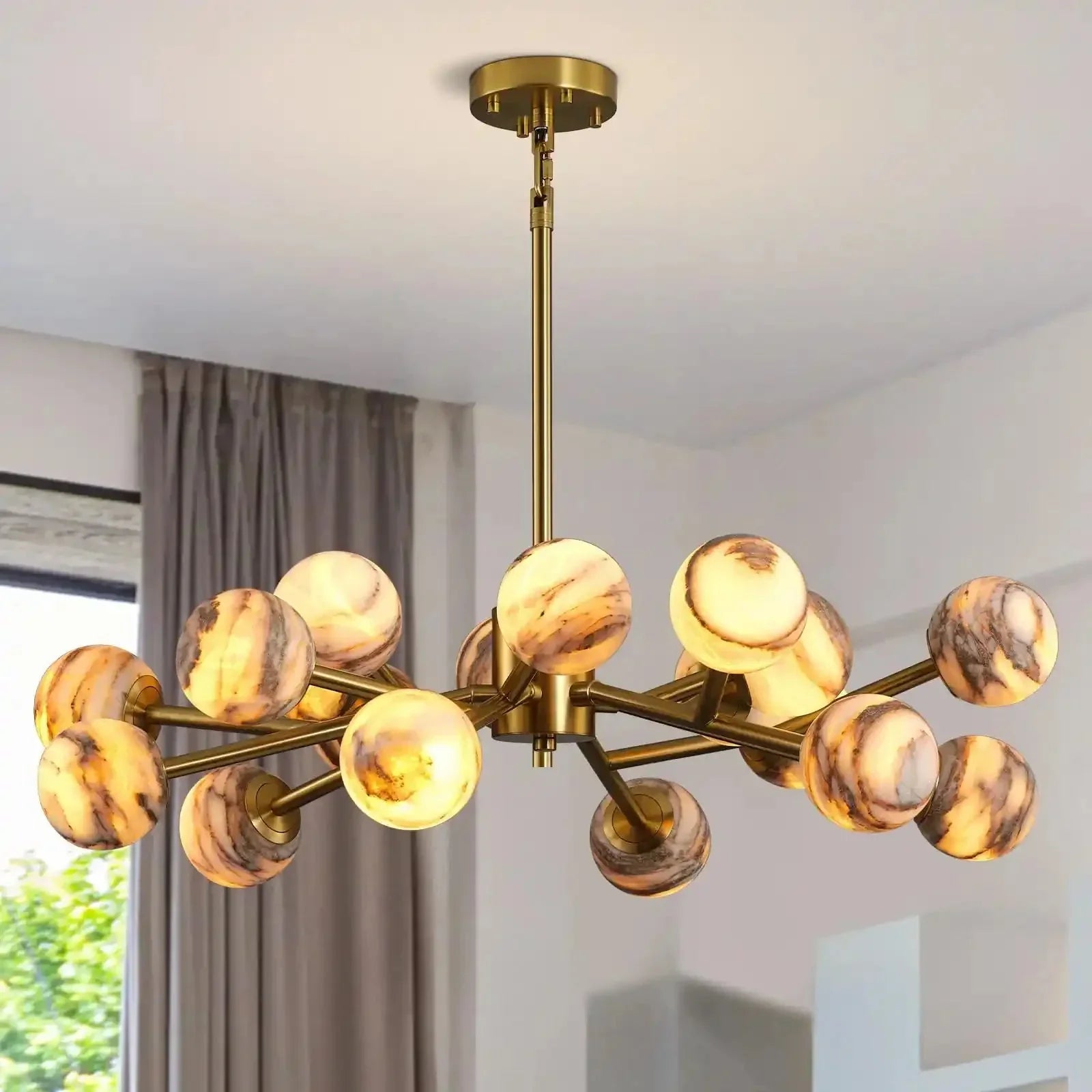 Mid Century Modern Sputnik 12 Light Gold Alabaster Globe Chandelier - Joyfuzzy
