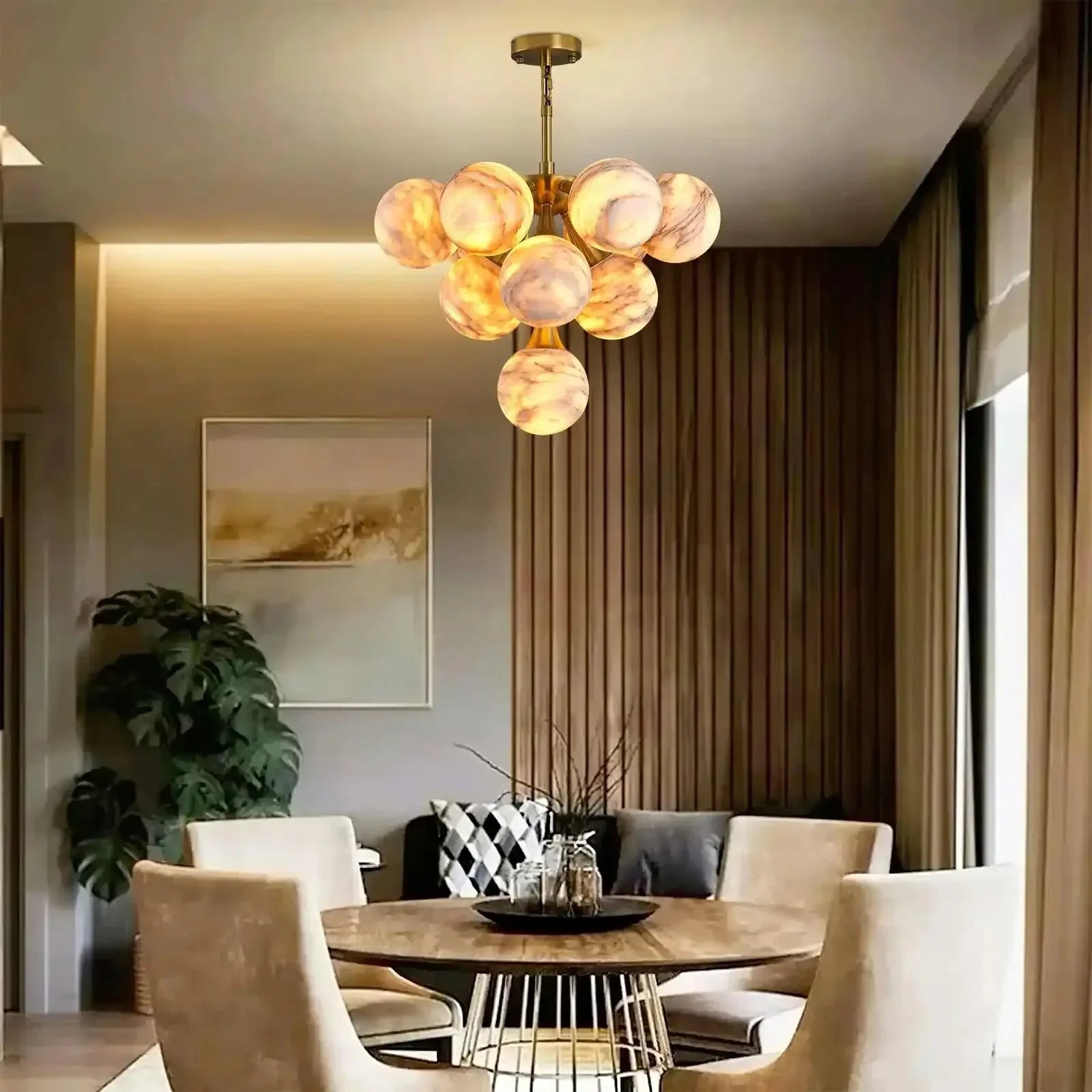 Mid Century Modern Sputnik 12 Light Gold Alabaster Globe Chandelier - Joyfuzzy