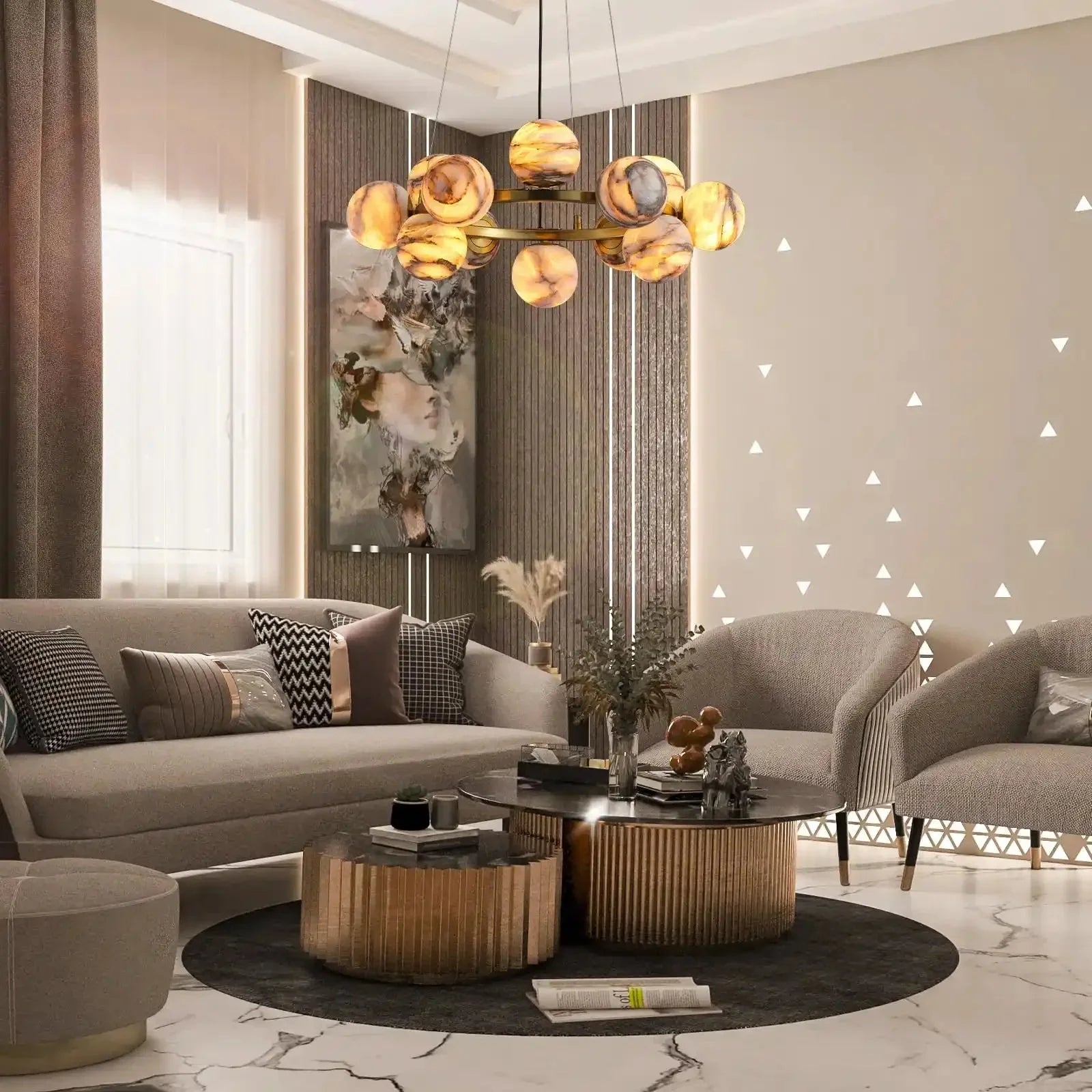Mid Century Modern Sputnik 12 Light Gold Alabaster Globe Chandelier - Joyfuzzy