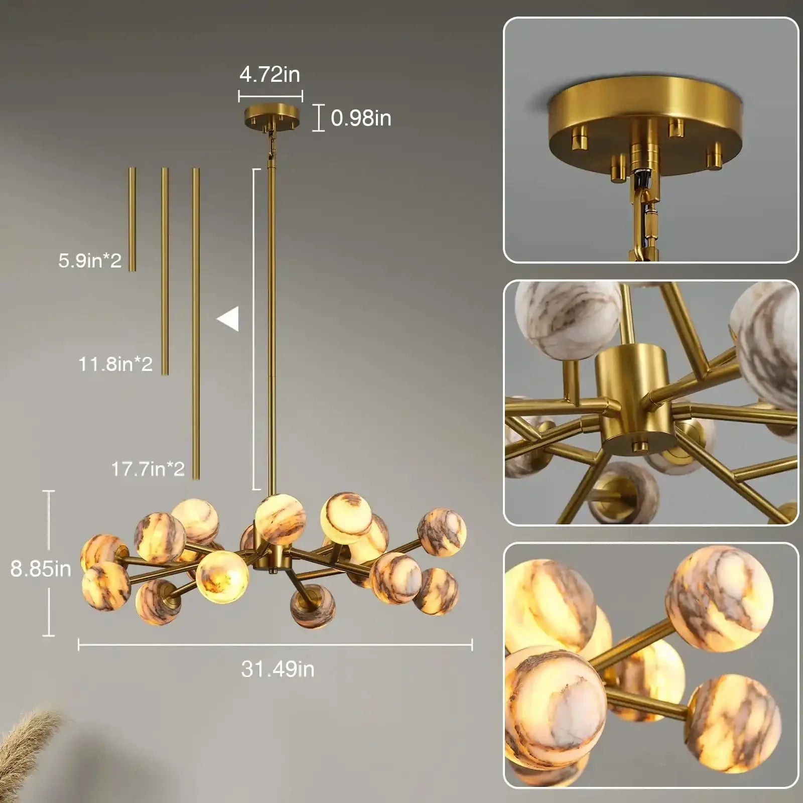 Mid Century Modern Sputnik 12 Light Gold Alabaster Globe Chandelier - Joyfuzzy