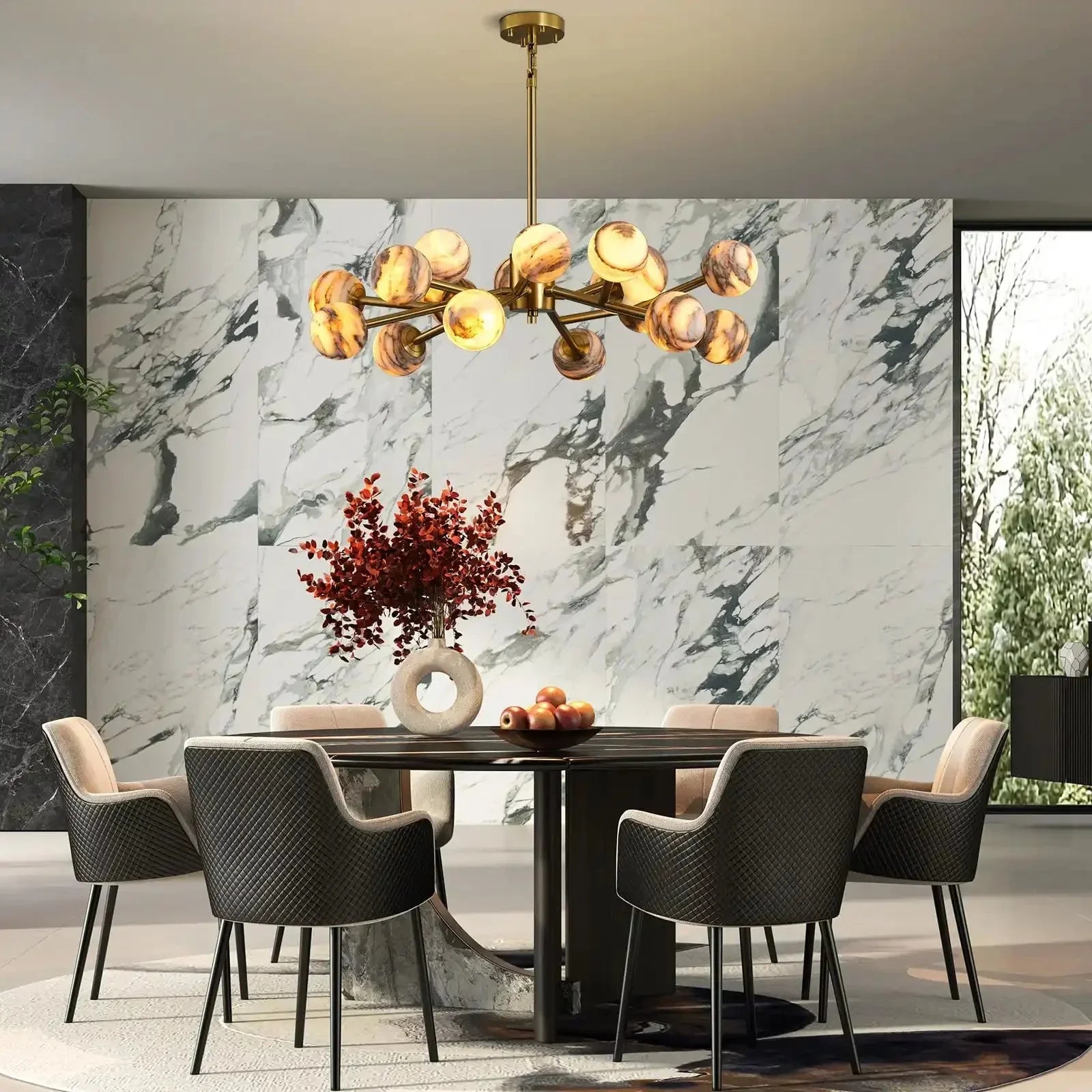 Mid Century Modern Sputnik 12 Light Gold Alabaster Globe Chandelier - Joyfuzzy
