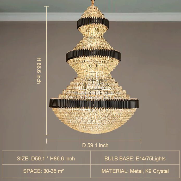 Modern Black Iron Crystal Chandelier For Foyer Staircase Luxurious Design Ceiling Light Fixture - D 59.1'' * H 86.6''Warm LightJoyfuzzy