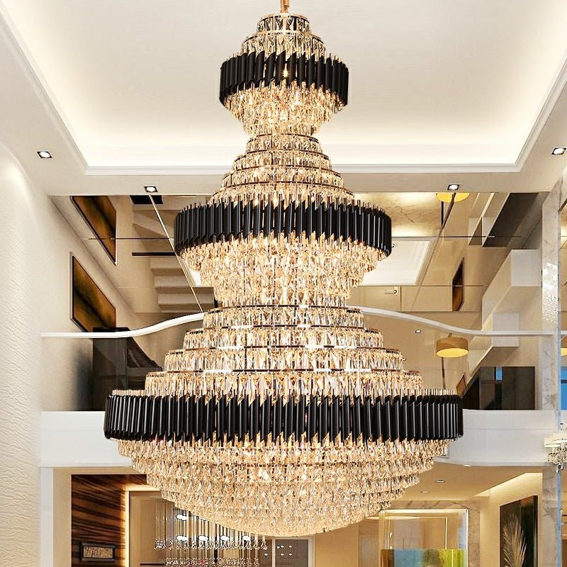 Modern Black Iron Crystal Chandelier For Foyer Staircase Luxurious Design Ceiling Light Fixture - D 31.5'' * H 47.2''Warm LightJoyfuzzy