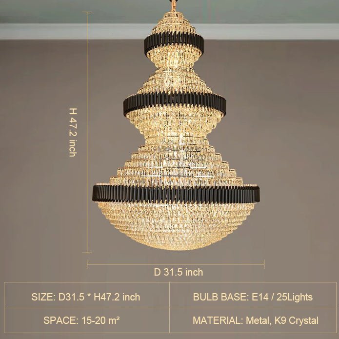 Modern Black Iron Crystal Chandelier For Foyer Staircase Luxurious Design Ceiling Light Fixture - D 31.5'' * H 47.2''Warm LightJoyfuzzy
