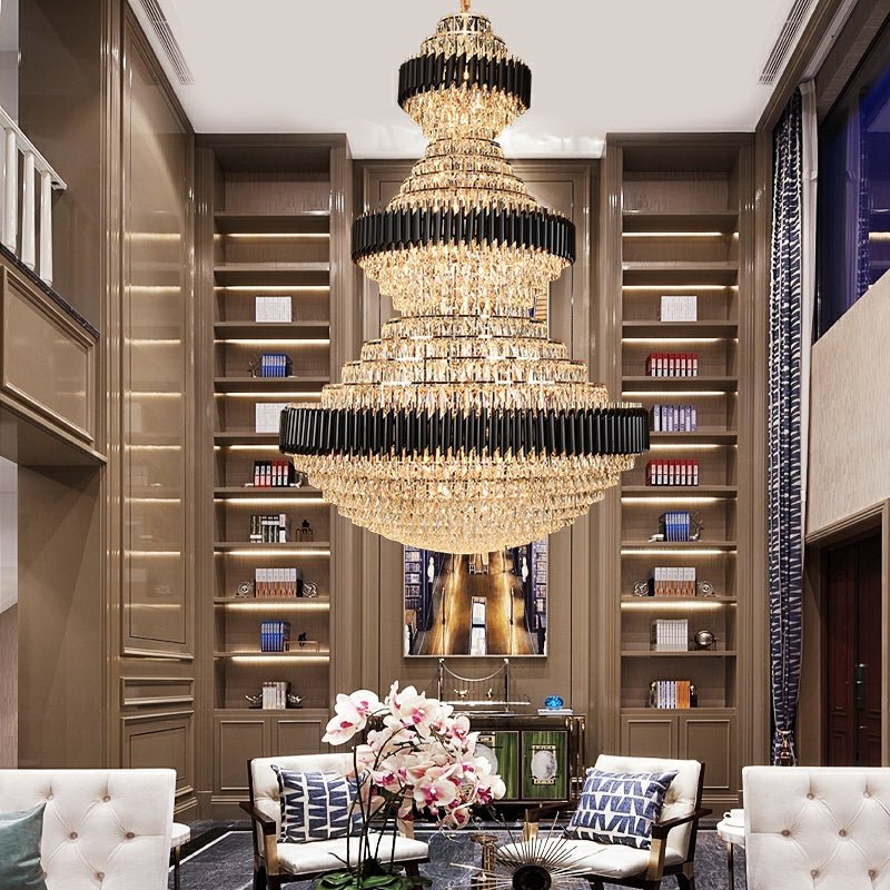 Modern Black Iron Crystal Chandelier For Foyer Staircase Luxurious Design Ceiling Light Fixture - D 31.5'' * H 47.2''Warm LightJoyfuzzy