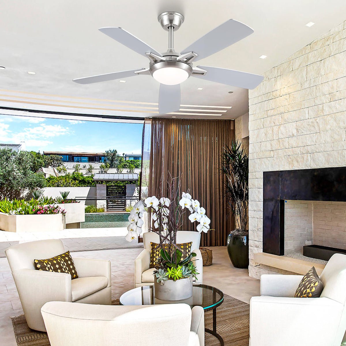 Modern Ceiling Fans with Lights 6 Speeds Reversible Dual Finish Wooden Blades 52" - Joyfuzzy