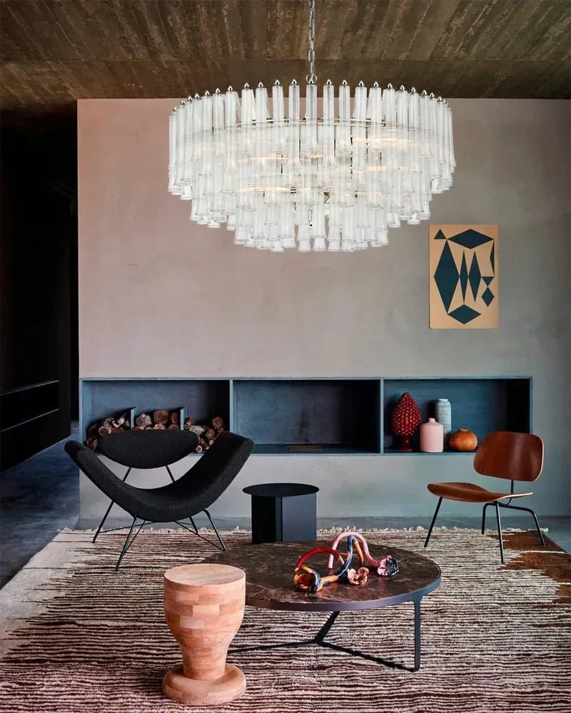 Modern Glass Rod Brass/Chrome Lorelei Waterfall Round Tiered Chandelier - 4 - light - D45*H30CM/D17.72"*H11.81" - CeilingWarm Light (3000K)BrassJoyfuzzy