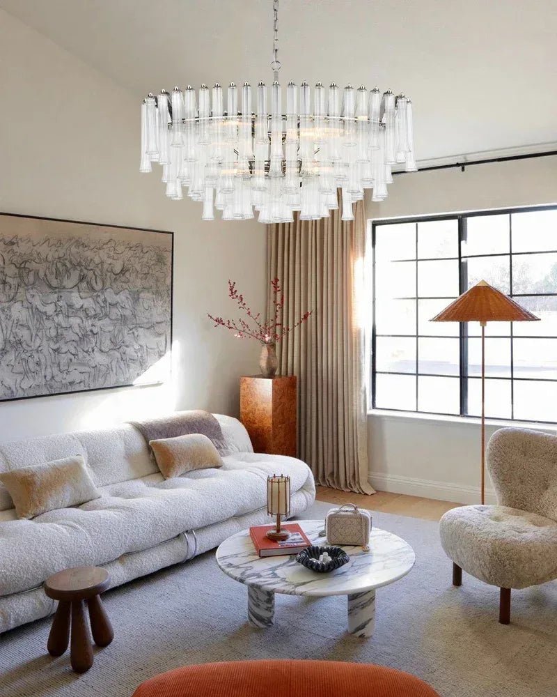 Modern Glass Rod Brass/Chrome Lorelei Waterfall Round Tiered Chandelier - 4 - light - D45*H30CM/D17.72"*H11.81" - CeilingWarm Light (3000K)BrassJoyfuzzy