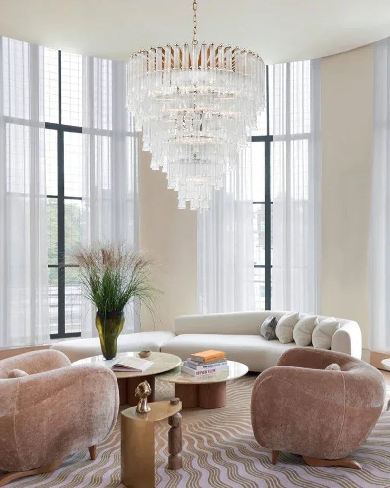 Modern Glass Rod Brass/Chrome Lorelei Waterfall Round Tiered Chandelier - 4 - light - D45*H30CM/D17.72"*H11.81" - CeilingWarm Light (3000K)BrassJoyfuzzy