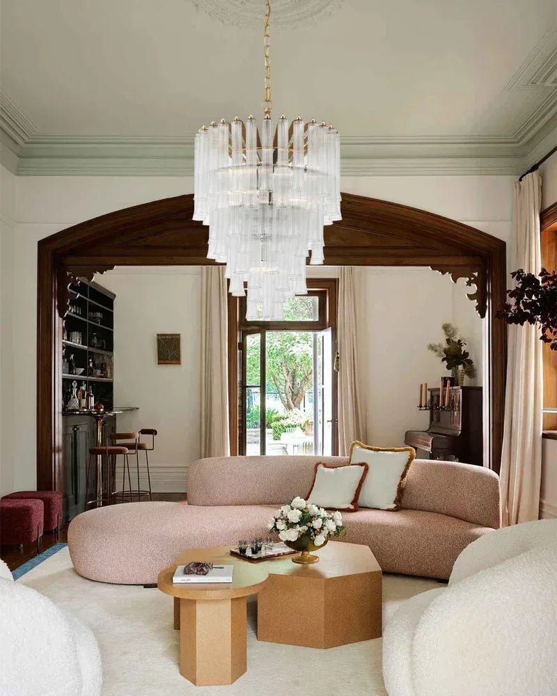 Modern Glass Rod Brass/Chrome Lorelei Waterfall Round Tiered Chandelier - 4 - light - D45*H30CM/D17.72"*H11.81" - CeilingWarm Light (3000K)BrassJoyfuzzy