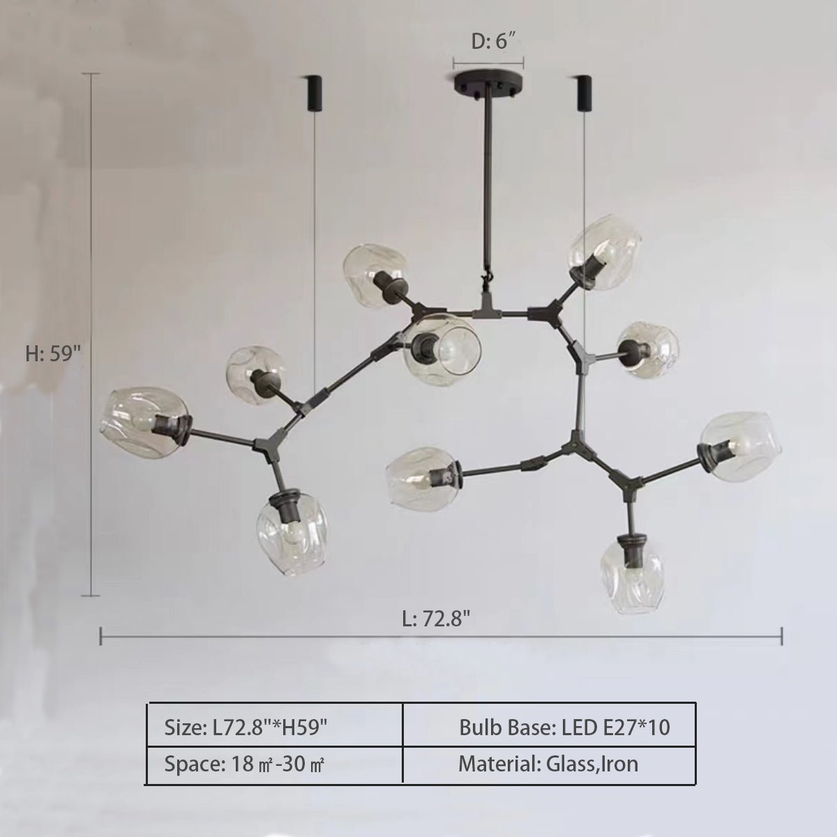 Modern Industrial Branch Chandelier with Multiple Glass Pendants Extra Large for Living or Dining Room - 10 Lights: L72.8"*H59.0"Black+Clear GlassWarm LightJoyfuzzy