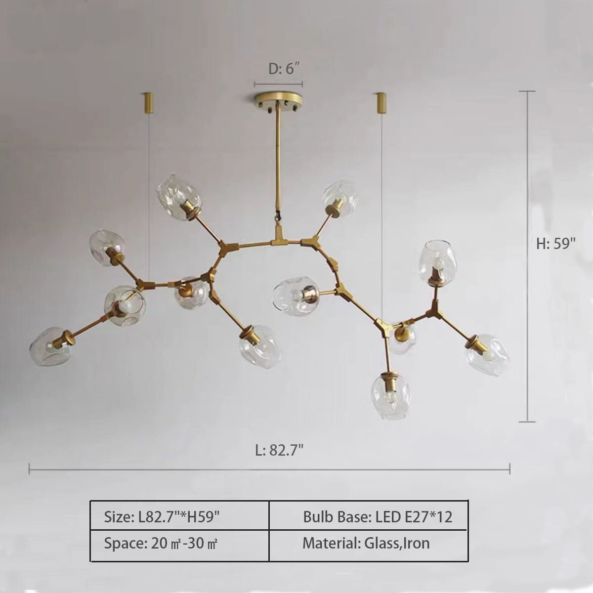 Modern Industrial Branch Chandelier with Multiple Glass Pendants Extra Large for Living or Dining Room - 12 Lights: L82.7"*H59.0"Brass+Clear GlassWarm LightJoyfuzzy