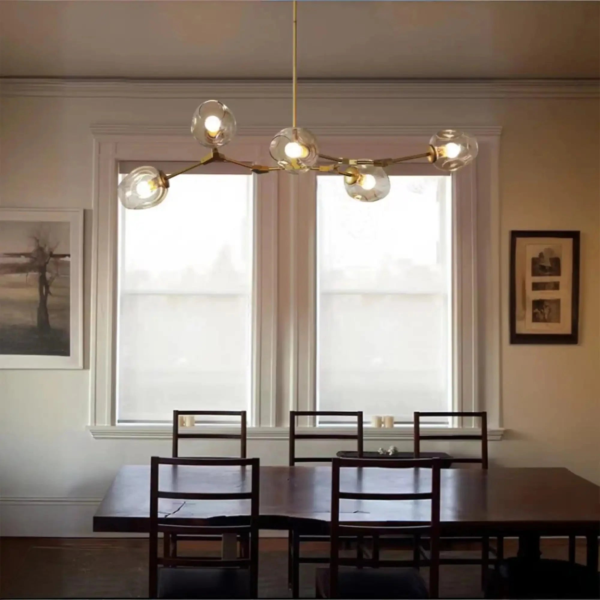 Modern Industrial Branch Chandelier with Multiple Glass Pendants Extra Large for Living or Dining Room - 5 Lights: L39.4"*H31.5"Brass+Clear GlassWarm LightJoyfuzzy