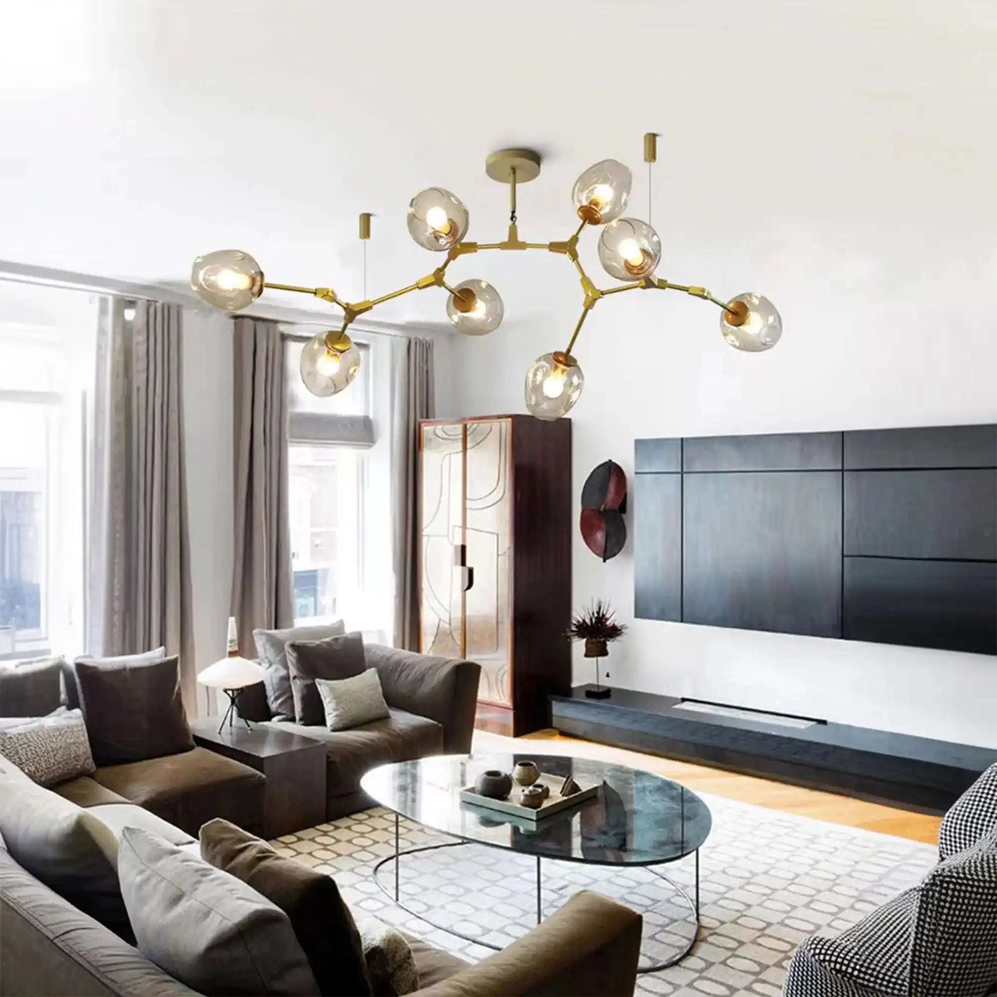 Modern Industrial Branch Chandelier with Multiple Glass Pendants Extra Large for Living or Dining Room - 5 Lights: L39.4"*H31.5"Brass+Clear GlassWarm LightJoyfuzzy