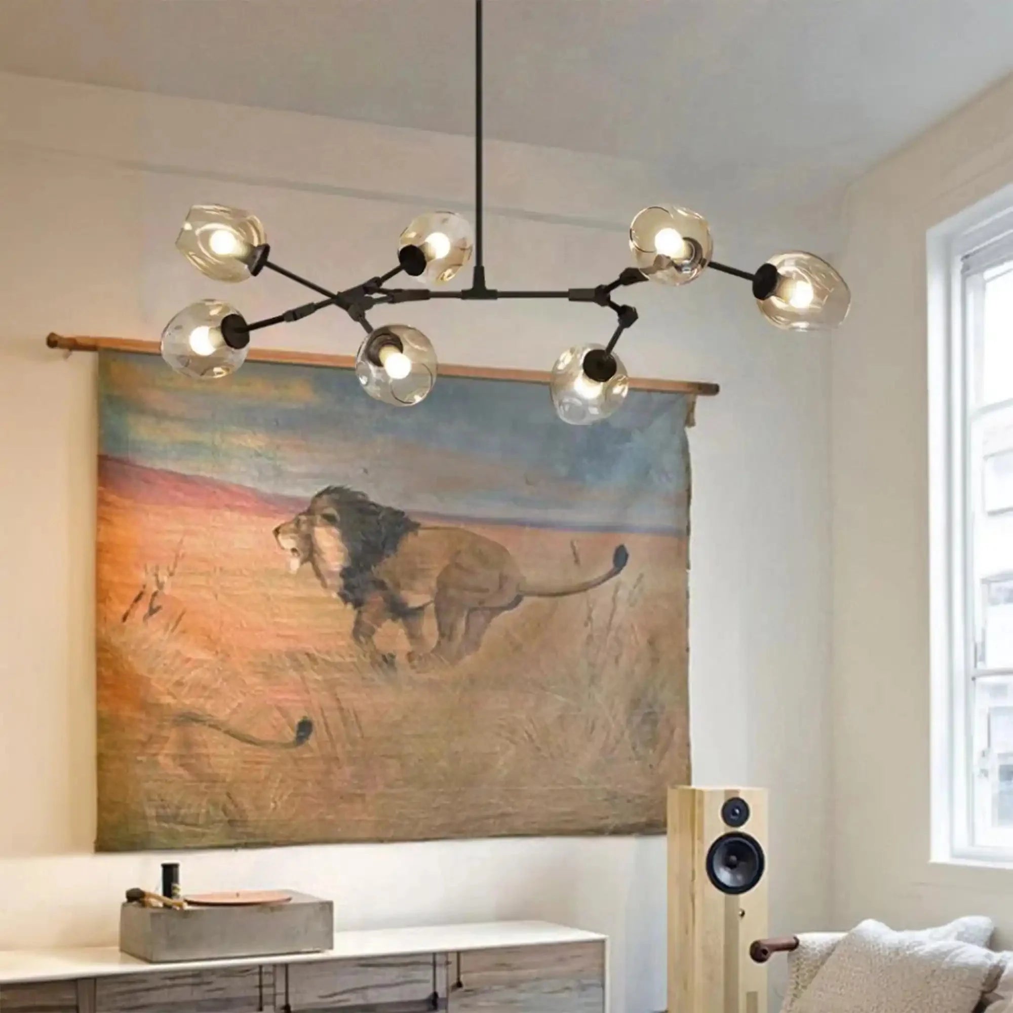 Modern Industrial Branch Chandelier with Multiple Glass Pendants Extra Large for Living or Dining Room - 7 Lights: L47.2"*H41.3"Black+Clear GlassWarm LightJoyfuzzy