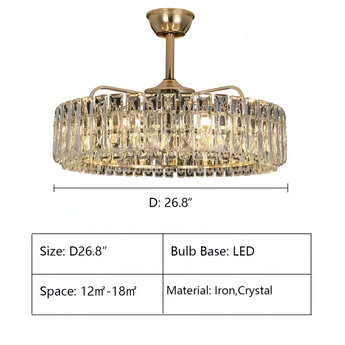 Modern Invisible Blade Fan Light Crystal Chandelier for Living/Dining Room/Bedroom-