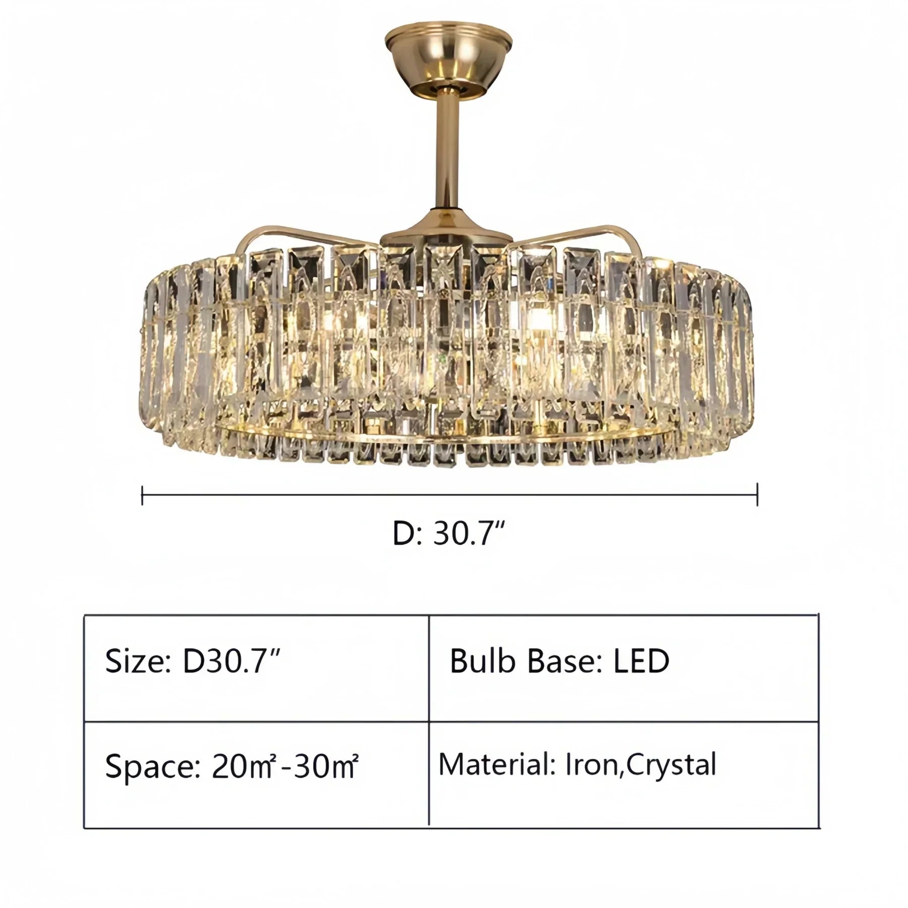 Modern Invisible Blade Fan Light Crystal Chandelier for Living/Dining Room/Bedroom-