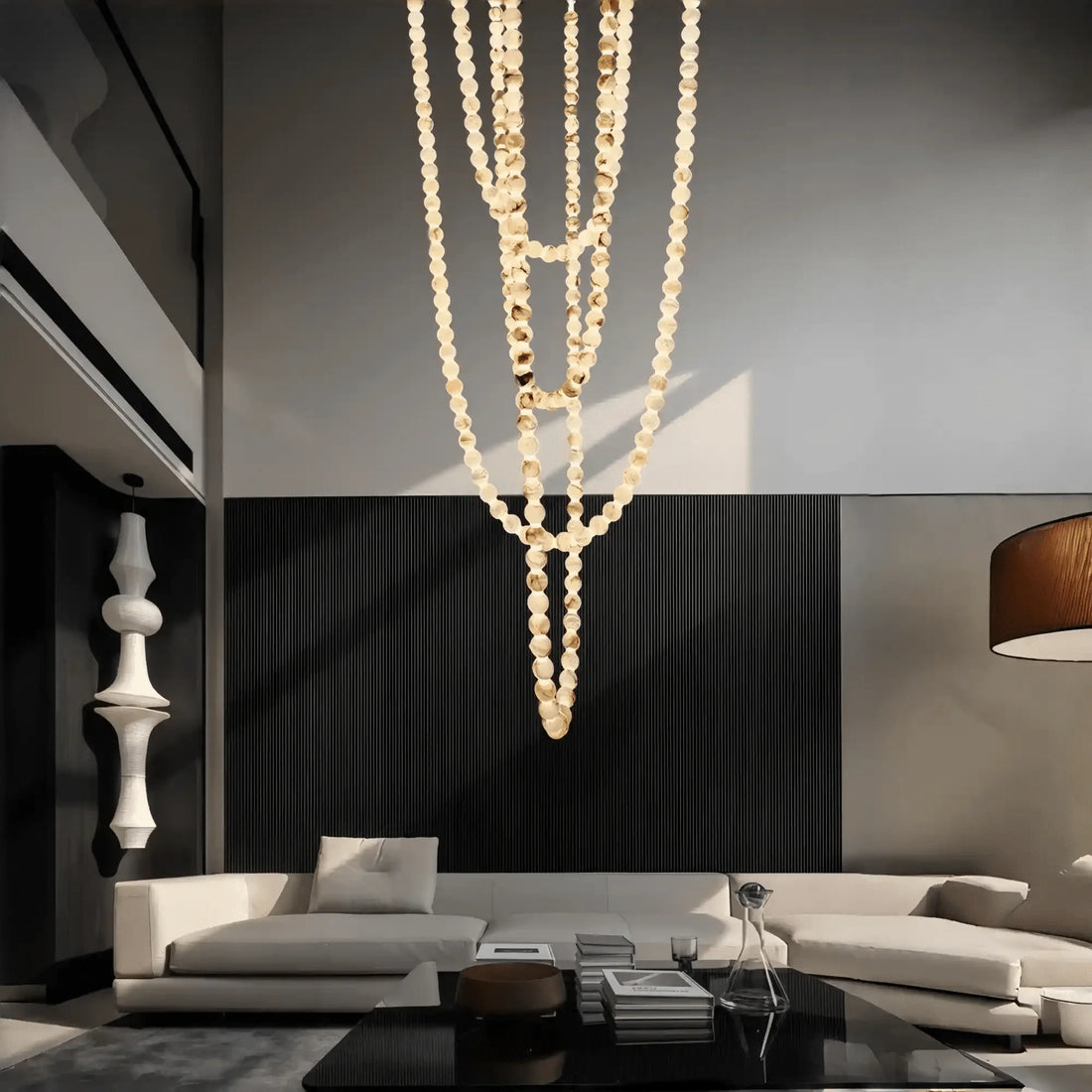 Modern LED Natural Alabaster Globes Beads Hanging Chandelier Indoor Lighting Fixture - 112 globes - L300+L500CM/L118"+L197"Warm Light (3000K)Black + WhiteJoyfuzzy