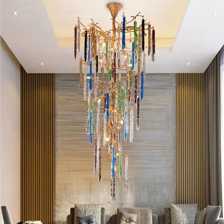 Modern Light Luxury Brass Branches Colored Glass Column Chandelier for Staircase/Living Room/High - ceiling Space - D 23.62" * H 39.37"Warm LightJoyfuzzy